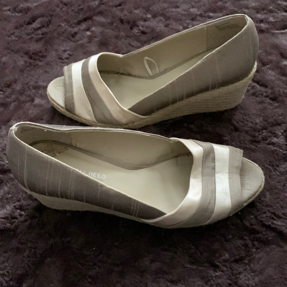 Ladies gold satin style summer wedge shoe, size 7
